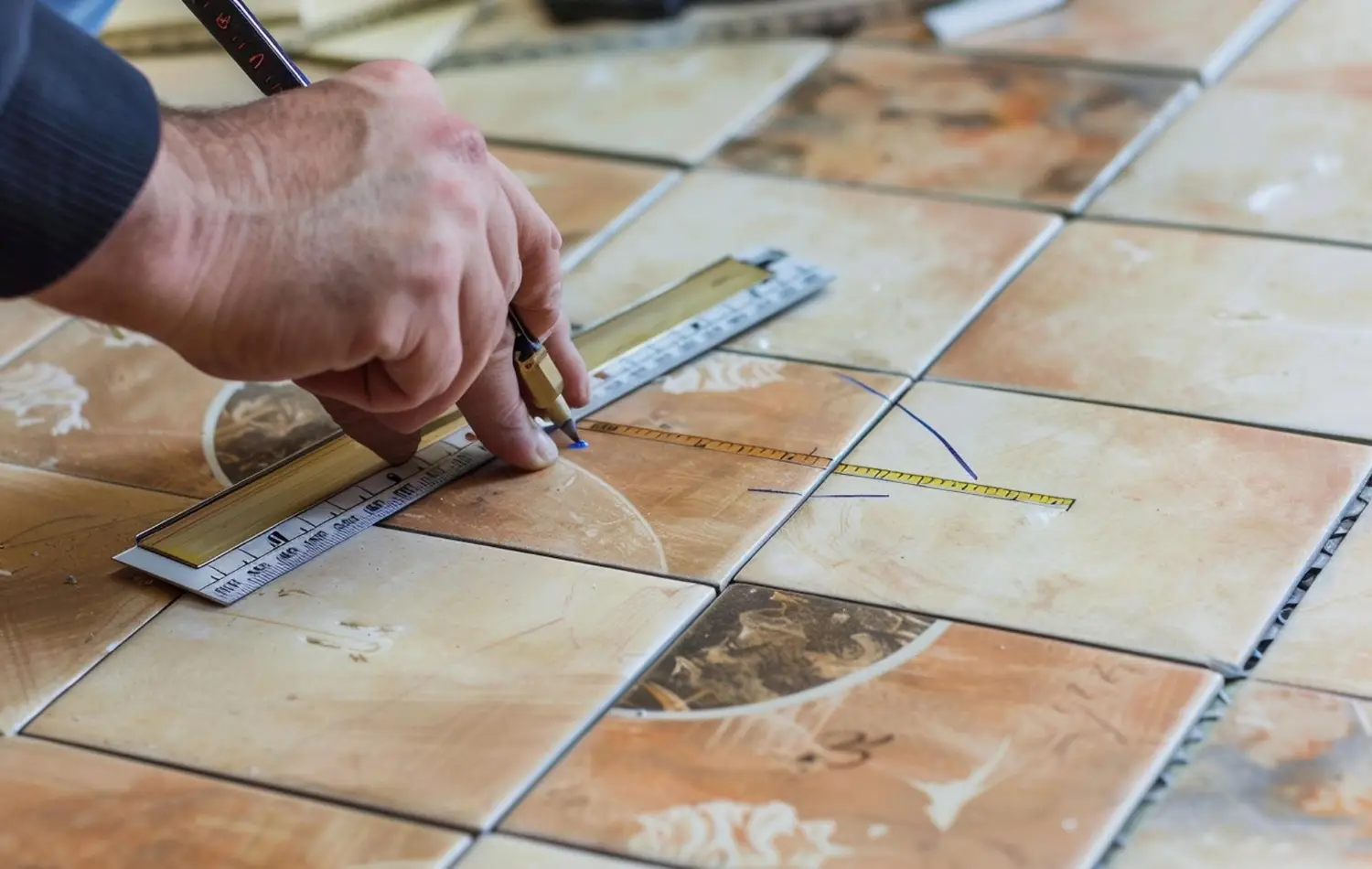 Artisan d’ERDEM Carrelage posant du carrelage de sol dans une maison à Pajay en Isère.